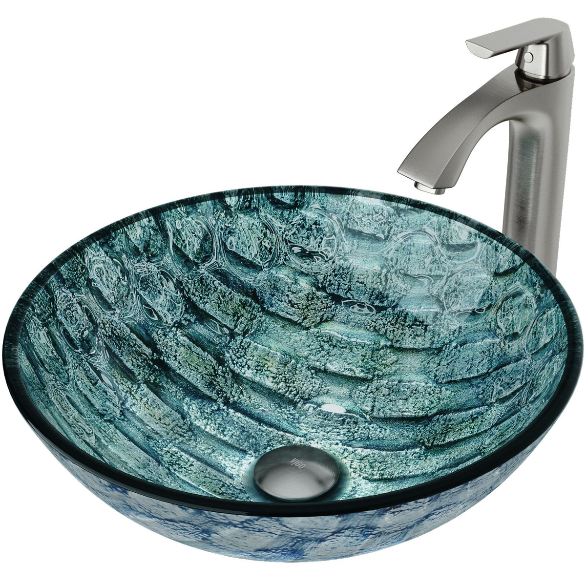 VIGO Glass Oceania Blue Bathroom Sink/Basin Set with Linus Faucet and Round Vessel