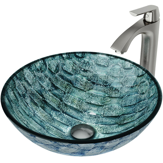VIGO Glass Oceania Blue Bathroom Sink/Basin Set with Linus Faucet and Round Vessel
