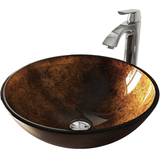 VIGO Glass Russet Brown Bathroom Sink/Basin Set with Linus Faucet and Round Vessel