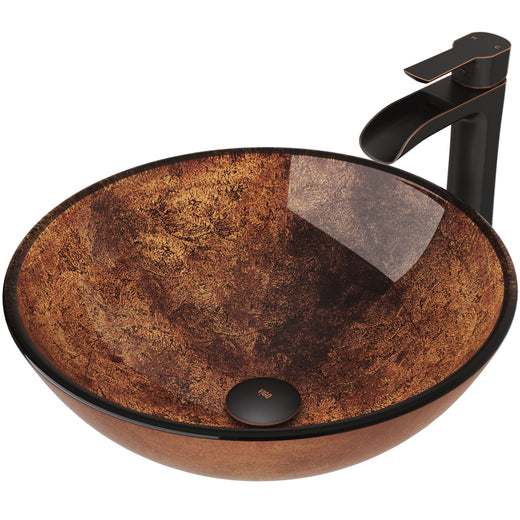 VIGO Glass Russet Brown Bathroom Sink/Basin Set with Niko Faucet and Round Vessel