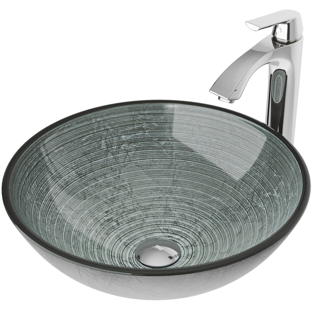 VIGO Glass Simply Silver Bathroom Sink/Basin Set with Linus Faucet and Round Vessel