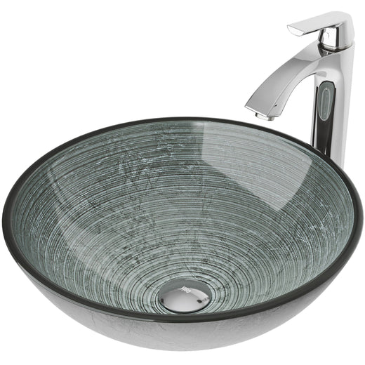 VIGO Glass Simply Silver Bathroom Sink/Basin Set with Linus Faucet and Round Vessel