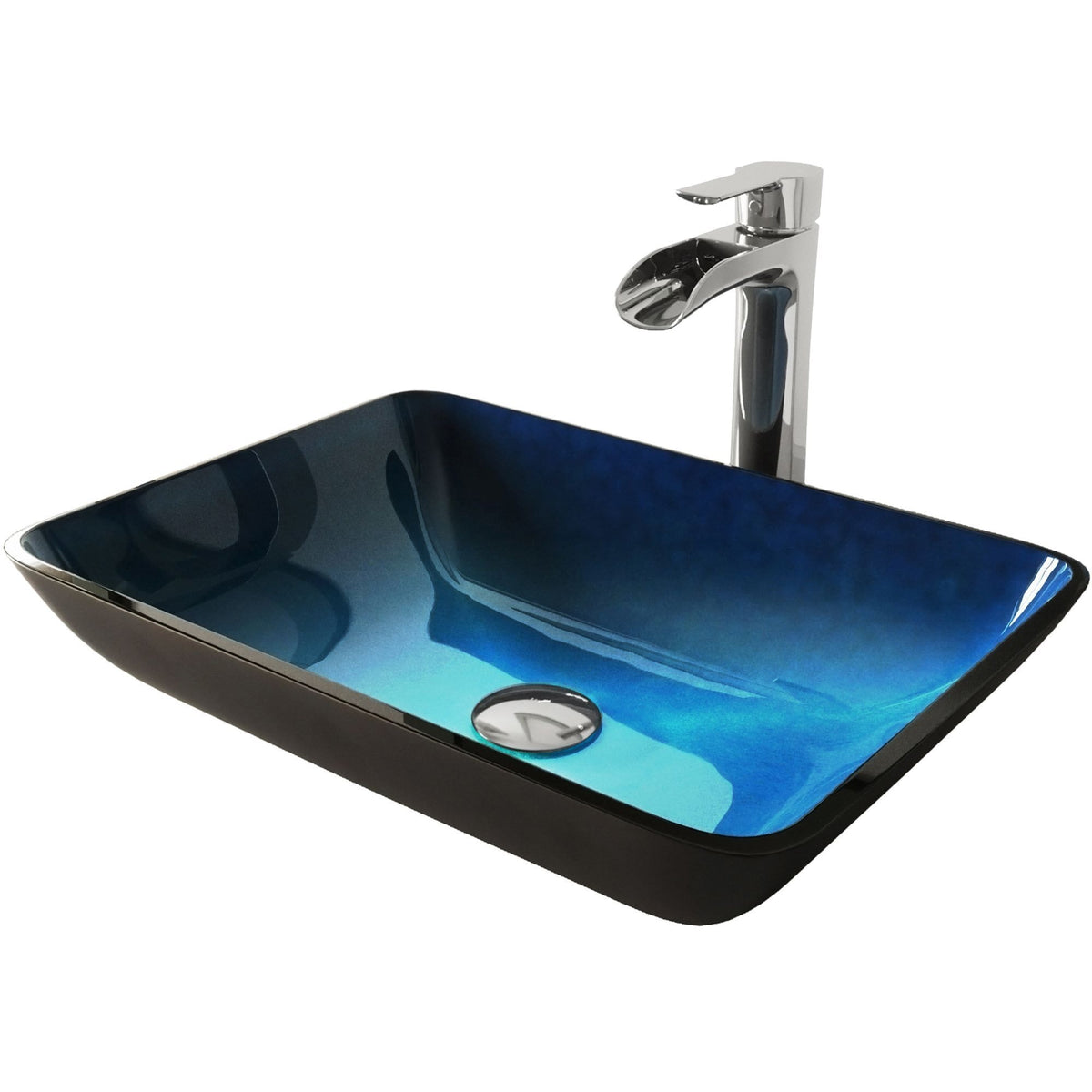 VIGO Glass Turquoise Water Bathroom Sink/Basin Set with Niko Faucet and Rectangular Vessel