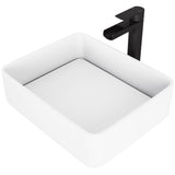 VIGO Jasmine MatteStone White Bathroom Sink/Basin Set with Amada Faucet and Rectangular Composite Vessel