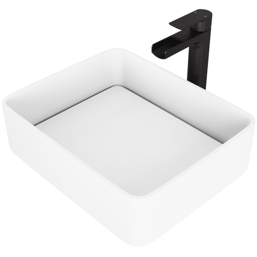 VIGO Jasmine MatteStone White Bathroom Sink/Basin Set with Amada Faucet and Rectangular Composite Vessel