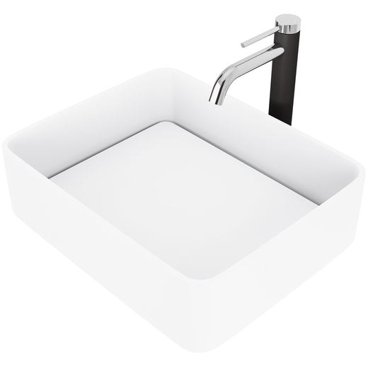 VIGO Jasmine MatteStone White Bathroom Sink/Basin Set with Lexington Faucet and Rectangular Composite Vessel