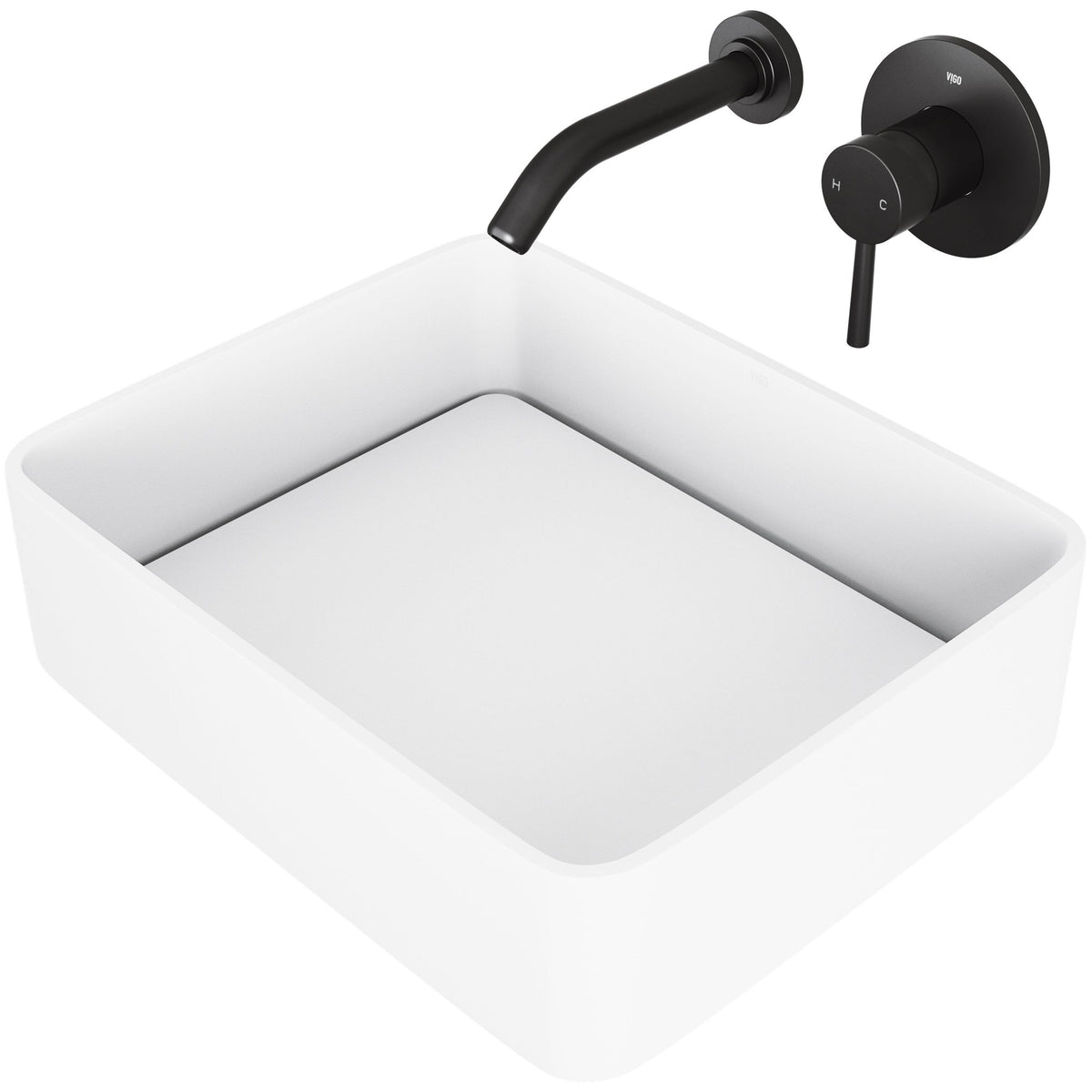 VIGO Jasmine MatteStone White Bathroom Sink/Basin Set with Olus Wall Mount Faucet and Rectangular Composite Vessel