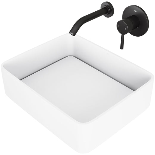 VIGO Jasmine MatteStone White Bathroom Sink/Basin Set with Olus Wall Mount Faucet and Rectangular Composite Vessel