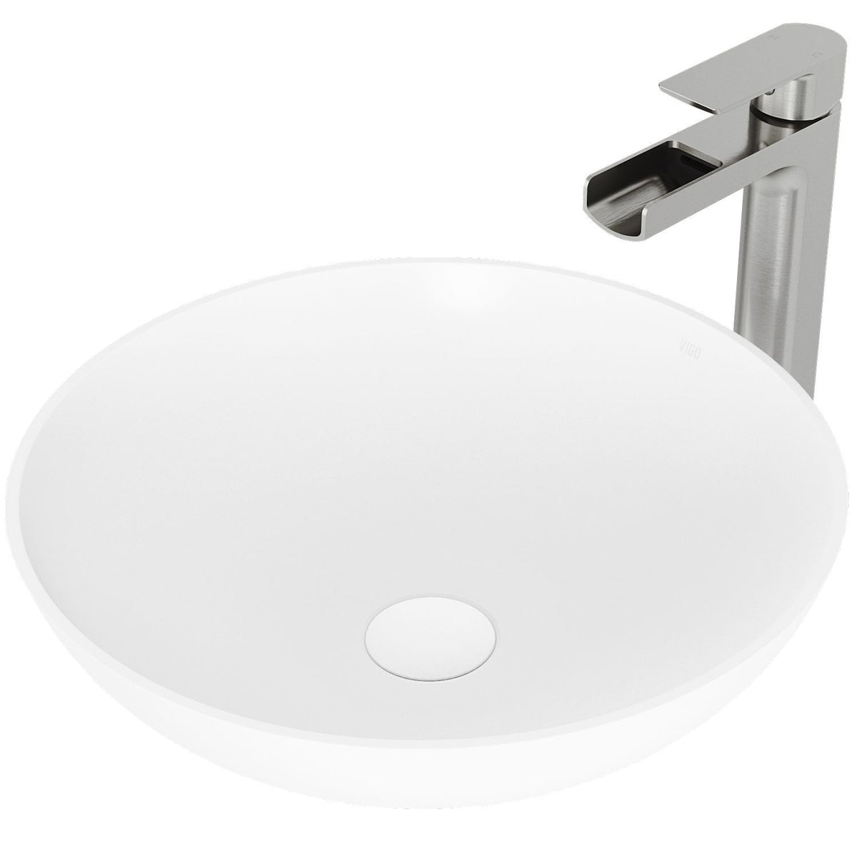 VIGO Lotus MatteStone Round White Composite Bathroom Sink/Basin Set with Amada Faucet and Pop-Up Drain