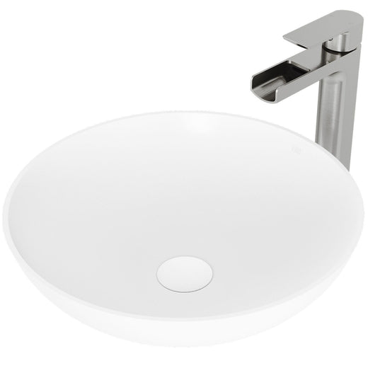 VIGO Lotus MatteStone Round White Composite Bathroom Sink/Basin Set with Amada Faucet and Pop-Up Drain