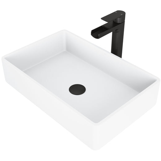 VIGO Magnolia MatteStone White Bathroom Sink/Basin Set with Amada Faucet and Rectangular Composite Vessel