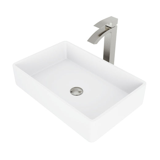 VIGO Magnolia MatteStone White Bathroom Sink/Basin Set with Duris Faucet and Rectangular Composite Vessel