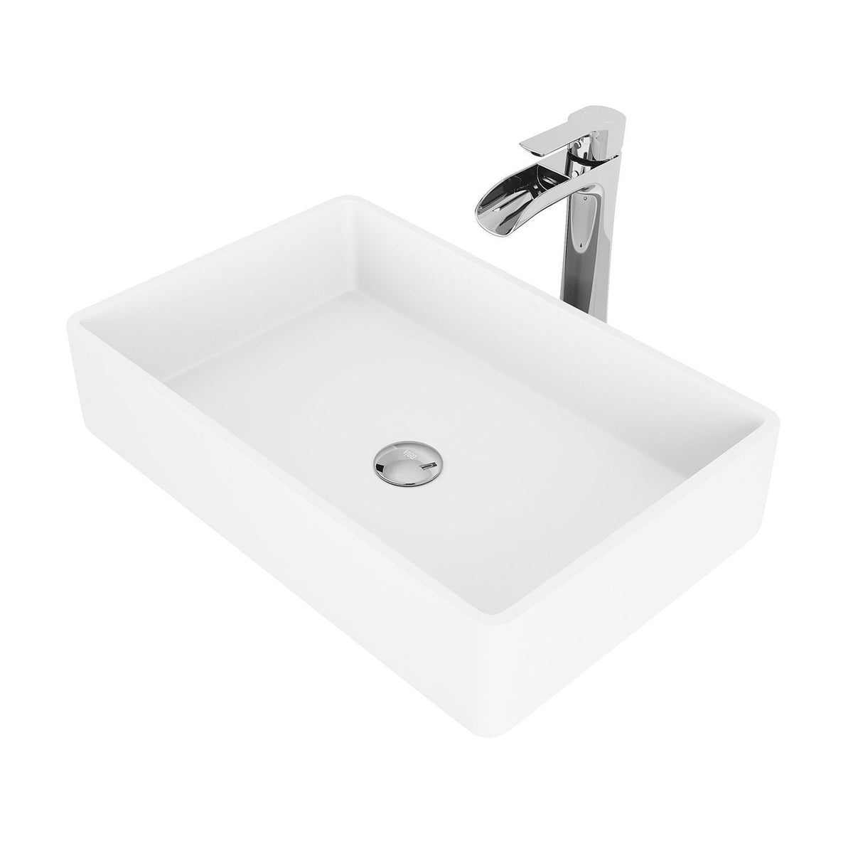 VIGO Magnolia MatteStone White Bathroom Sink/Basin Set with Niko Faucet and Rectangular Composite Vessel