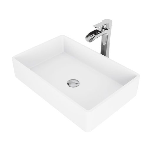 VIGO Magnolia MatteStone White Bathroom Sink/Basin Set with Niko Faucet and Rectangular Composite Vessel