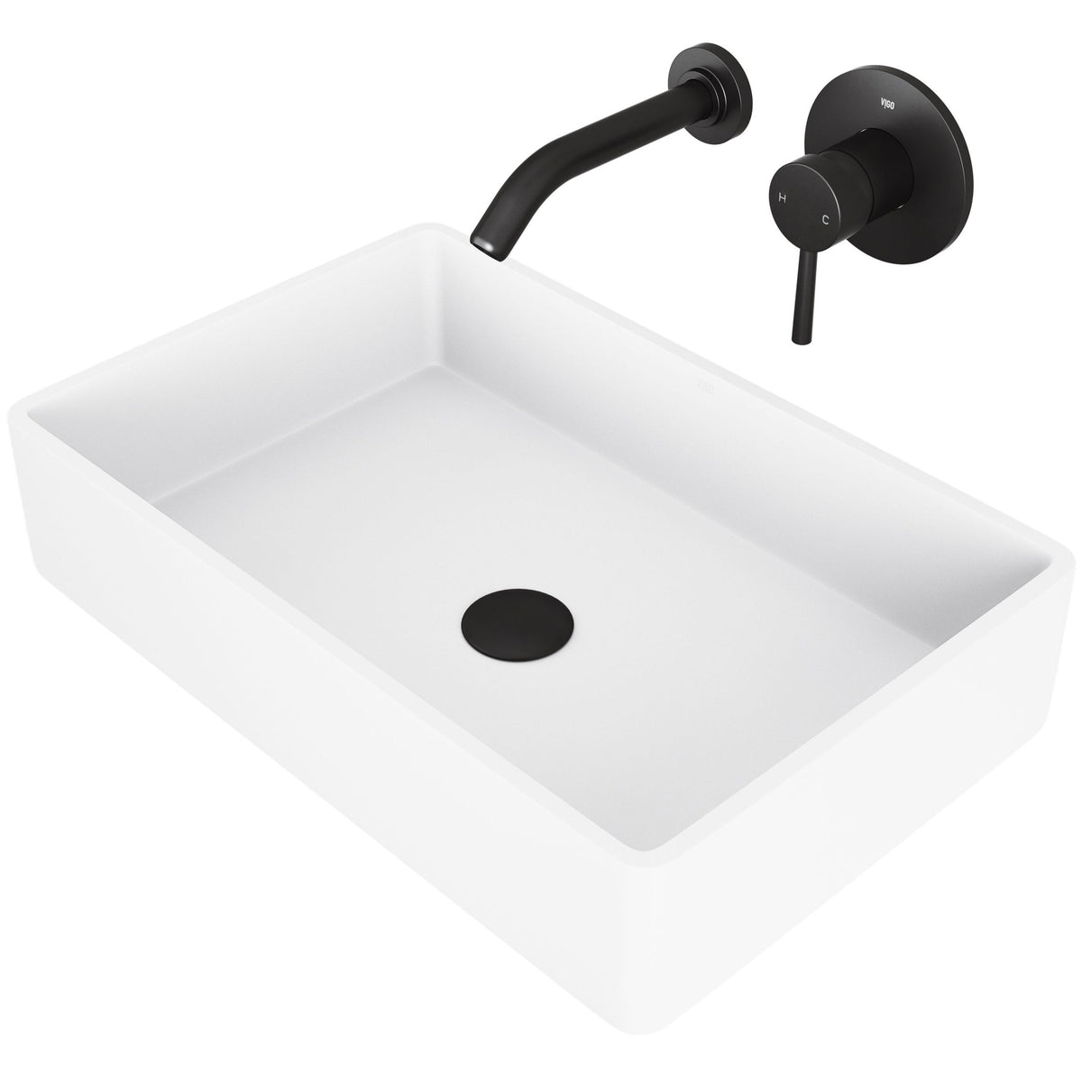 VIGO Magnolia MatteStone White Bathroom Sink/Basin Set with Olus Wall Mount Faucet and Rectangular Composite Vessel