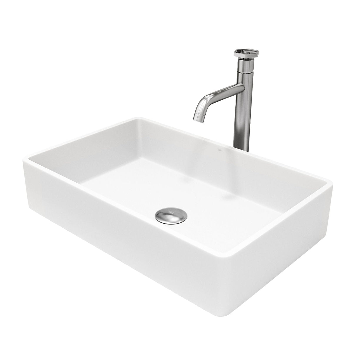 VIGO Magnolia MatteStone White Bathroom Sink/Basin Set with Ruxton Faucet and Rectangular Composite Vessel