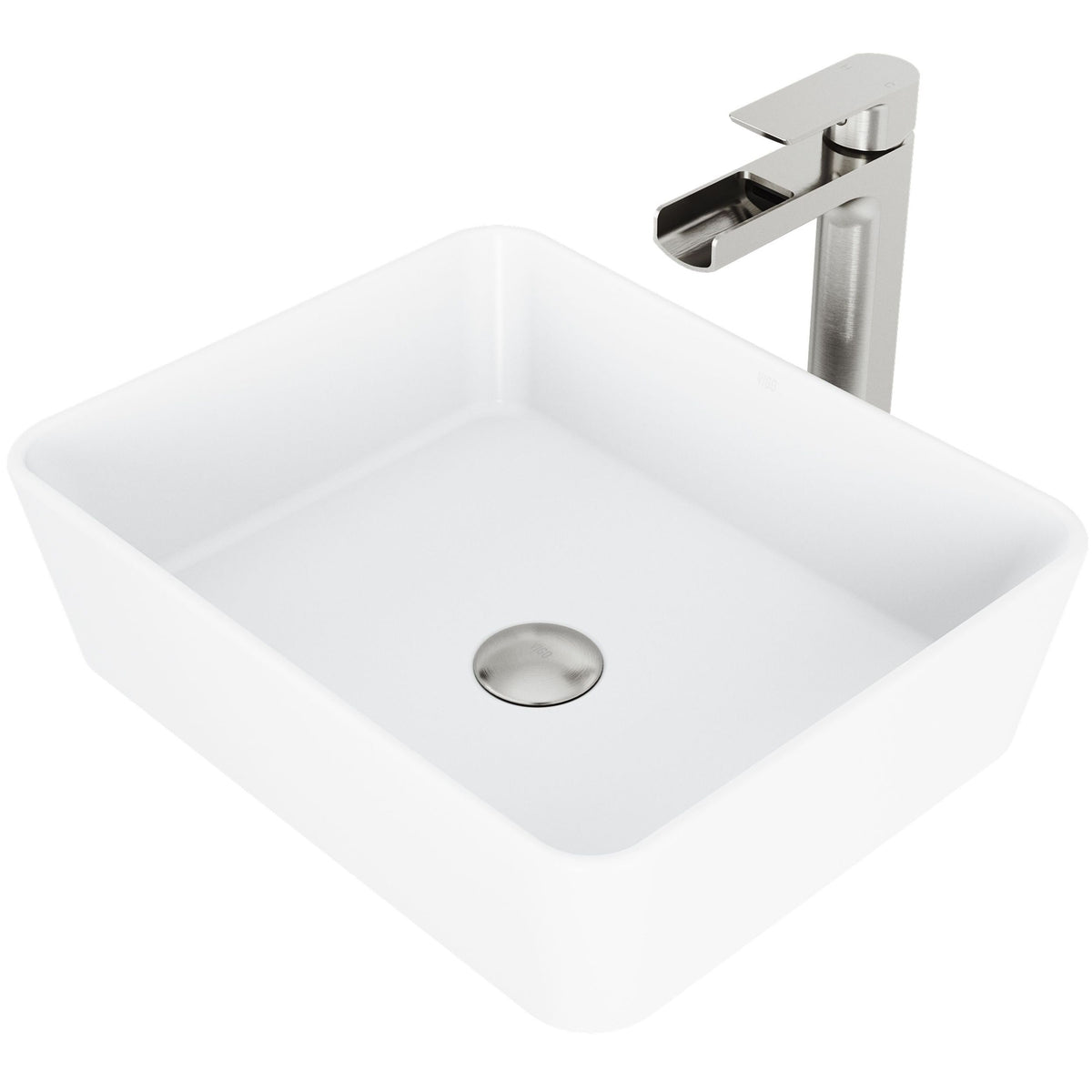 VIGO Marigold MatteStone Matte White Bathroom Sink/Basin Set with Amada Faucet and Rectangular Composite Vessel