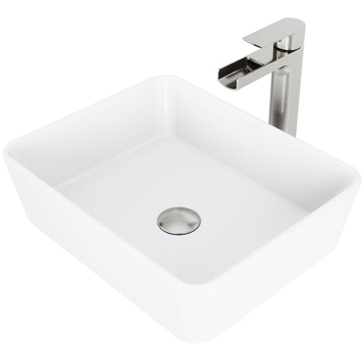 VIGO Marigold MatteStone Matte White Bathroom Sink/Basin Set with Amada Faucet and Rectangular Composite Vessel