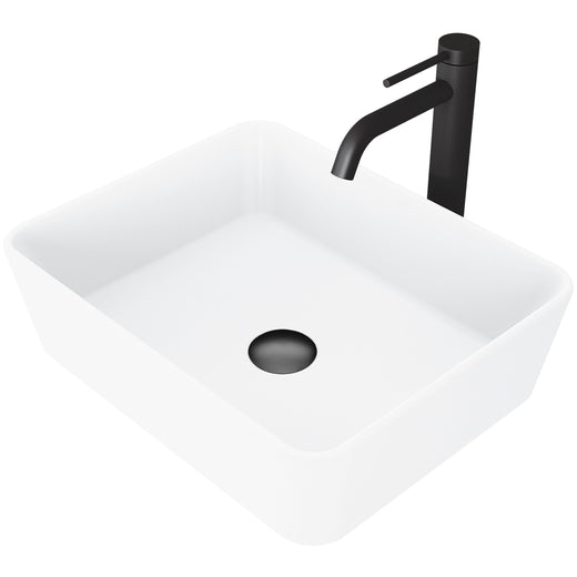 VIGO Marigold MatteStone Matte White Bathroom Sink/Basin Set with Lexington Faucet and Rectangular Composite Vessel