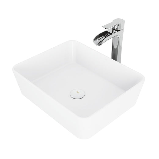 VIGO Marigold MatteStone Matte White Bathroom Sink/Basin Set with Niko Faucet and Rectangular Composite Vessel