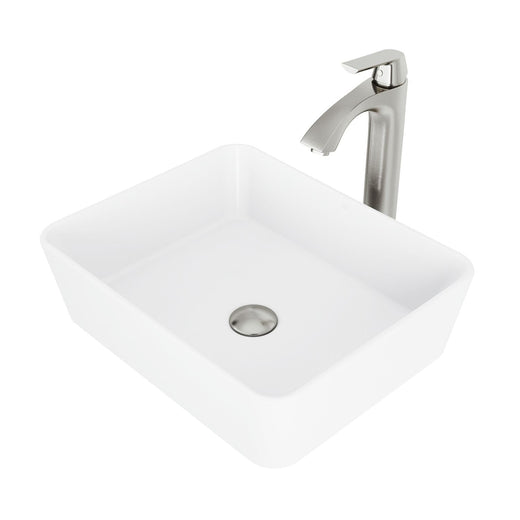 VIGO Marigold MatteStone White Bathroom Sink/Basin Set with Linus Faucet and Rectangular Composite Vessel