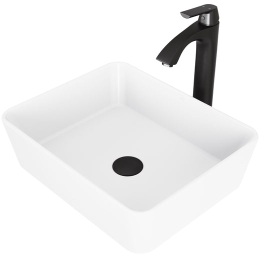 VIGO Marigold MatteStone White Bathroom Sink/Basin Set with Matte Black Linus Faucet and Rectangular Composite Vessel