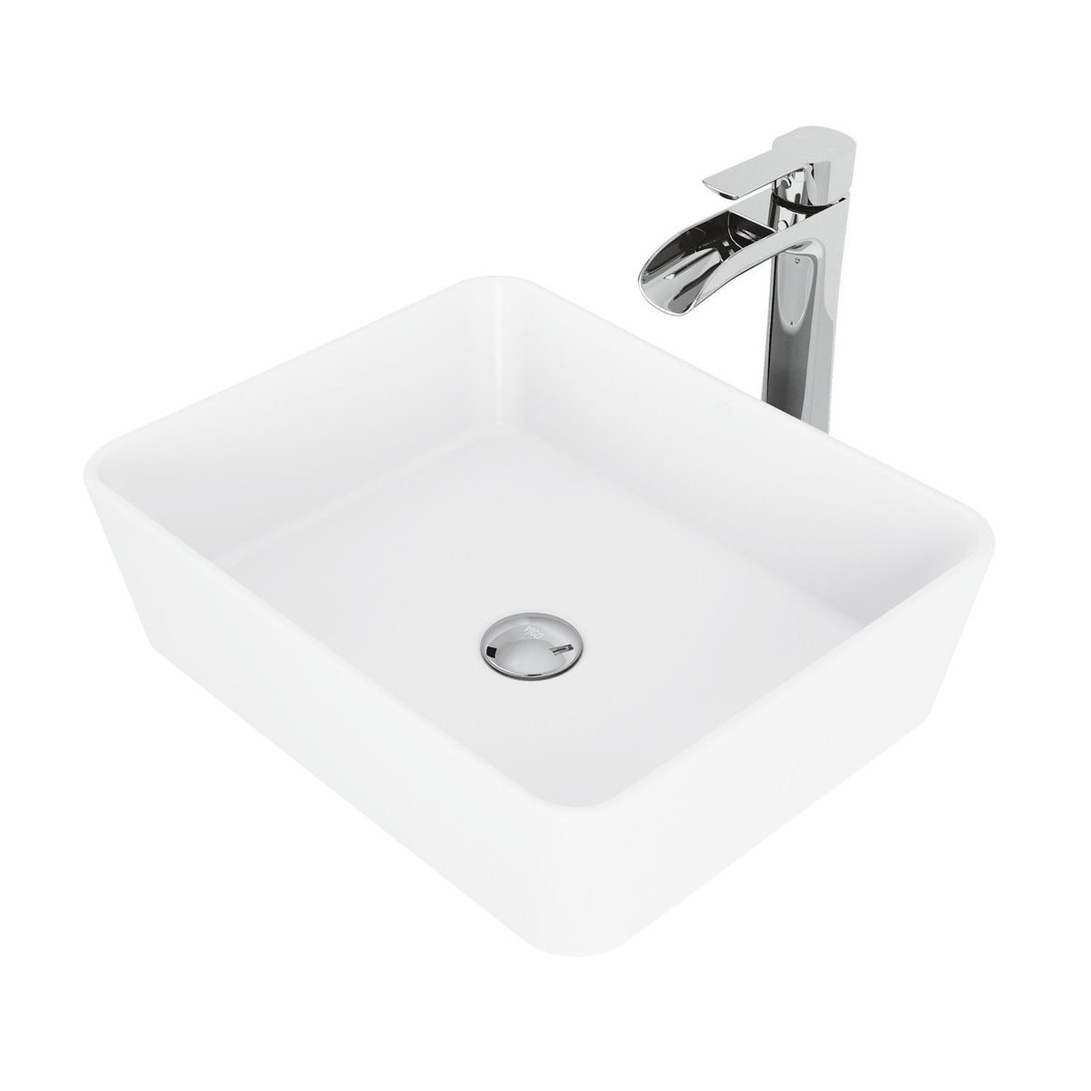 VIGO Marigold MatteStone White Bathroom Sink/Basin Set with Niko Faucet and Rectangular Composite Vessel