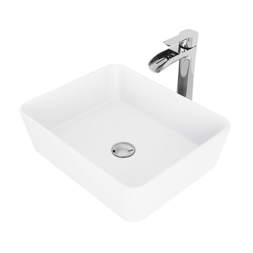 VIGO Marigold MatteStone White Bathroom Sink/Basin Set with Niko Faucet and Rectangular Composite Vessel