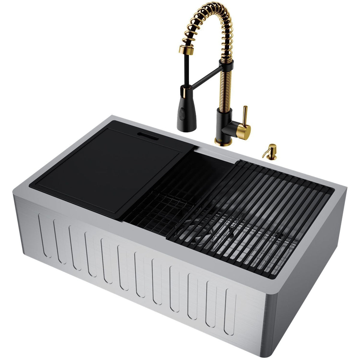 VIGO Oxford 33-in Single-Bowl Gold/Black Farmhouse Sink with Brant Faucet