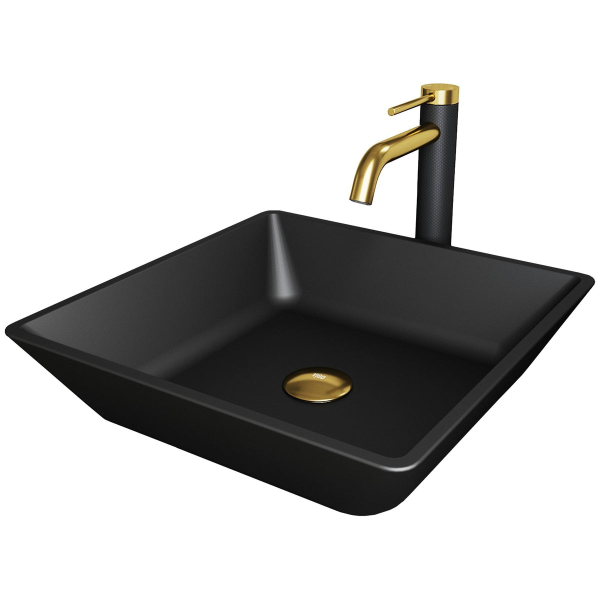 VIGO Roma MatteShell Matte Black Bathroom Sink/Basin Set with Lexington Faucet and Glass Square Vessel