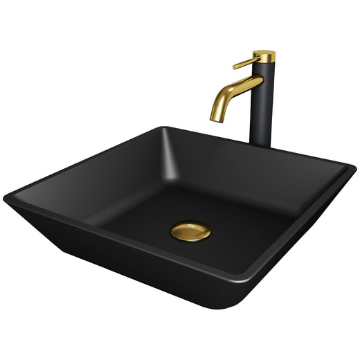 VIGO Roma MatteShell Matte Black Bathroom Sink/Basin Set with Lexington Faucet and Glass Square Vessel