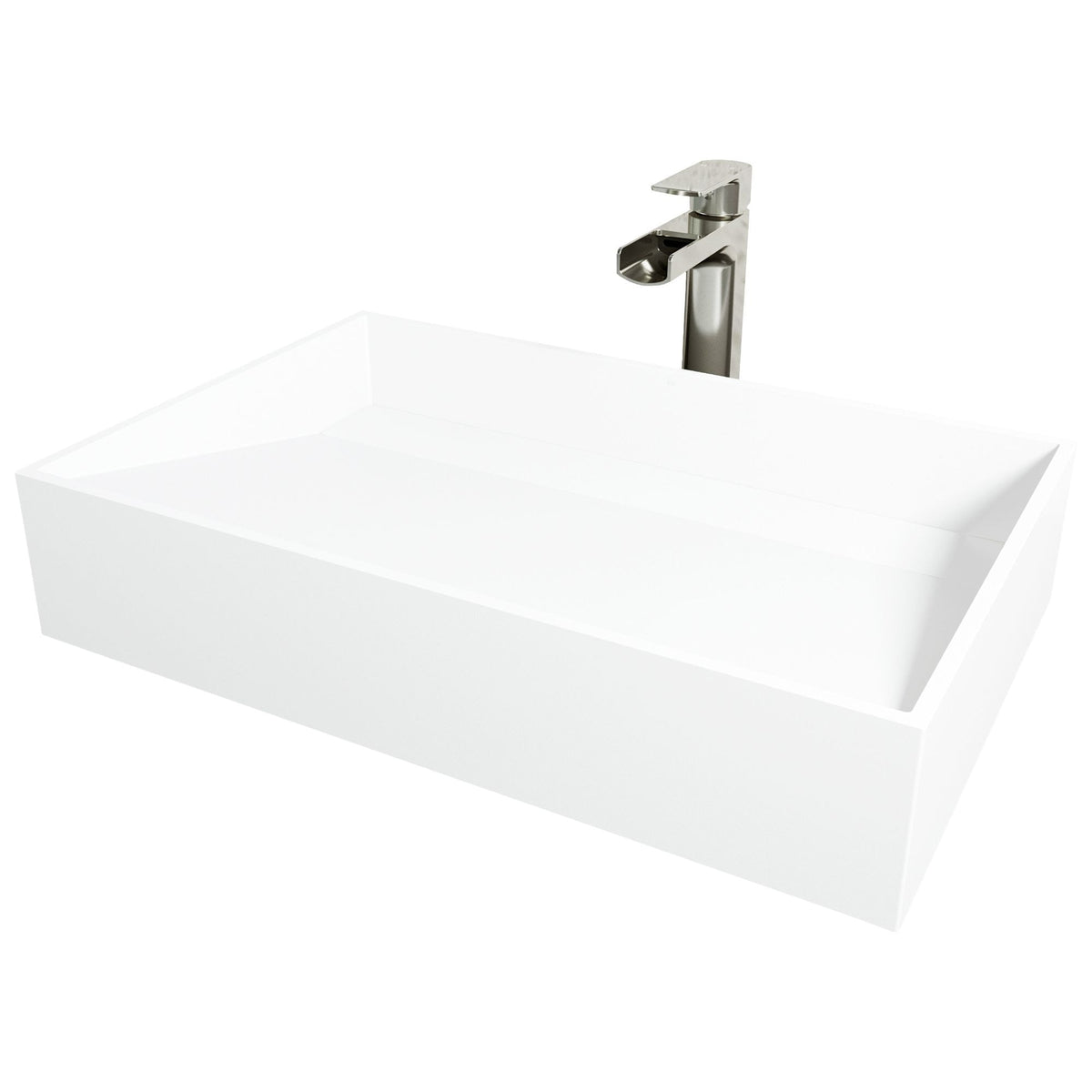 VIGO Starr Glass MatteStone White Bathroom Sink/Basin Set with Amada Faucet and Rectangular Composite Vessel