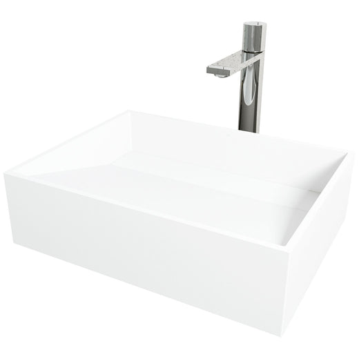 VIGO Starr Glass MatteStone White Bathroom Sink/Basin Set with Gotham Faucet and Rectangular Composite Vessel