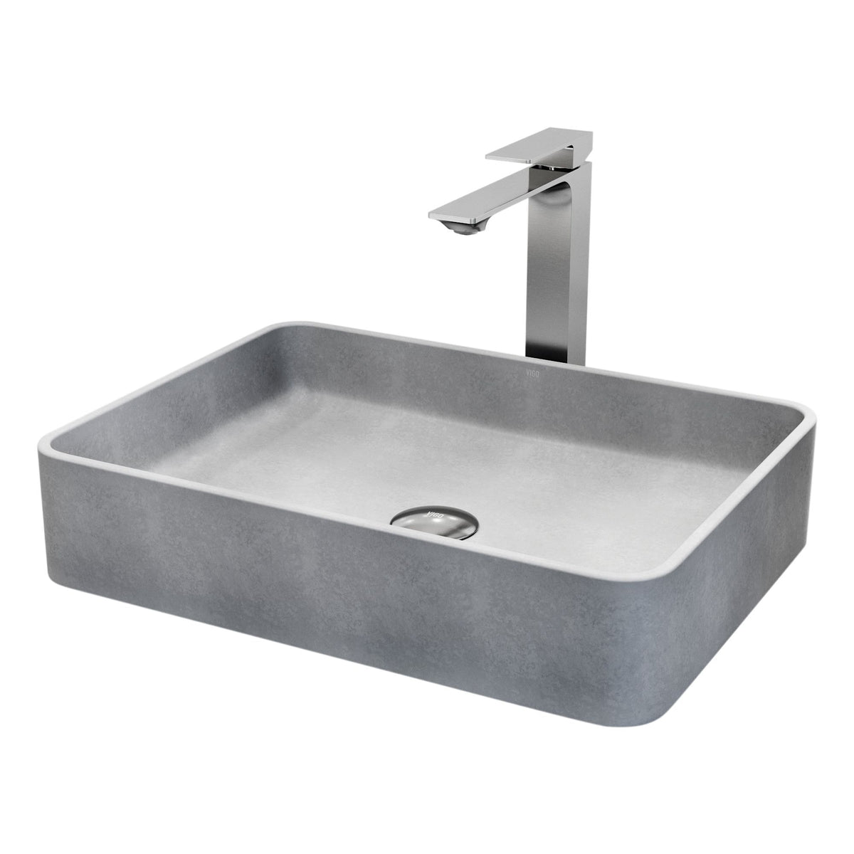 VIGO Tarragona Gothic ConcretoStone Grey Bathroom Sink/Basin Set with Dunn Faucet and Rectangular Vessel