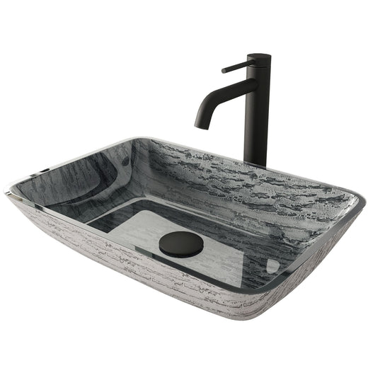 VIGO Titanium Glass Slate Grey Bathroom Sink/Basin Set with Lexington Faucet and Rectangular Vessel