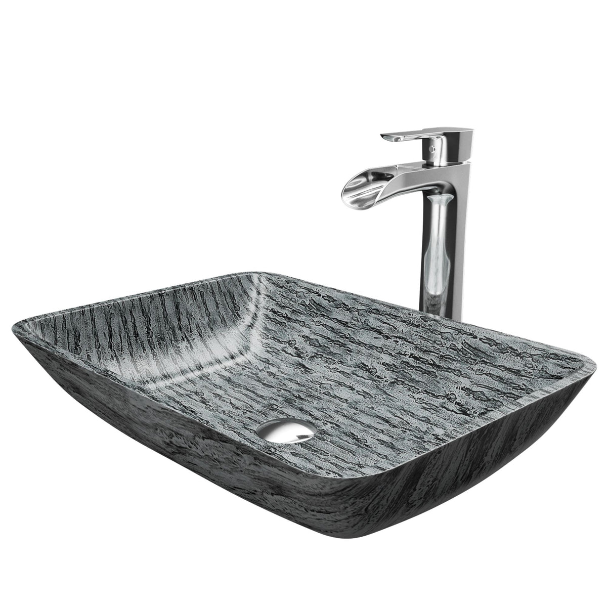 VIGO Titanium Glass Slate Grey Bathroom Sink/Basin Set with Niko Faucet and Rectangular Vessel