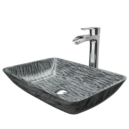VIGO Titanium Glass Slate Grey Bathroom Sink/Basin Set with Niko Faucet and Rectangular Vessel