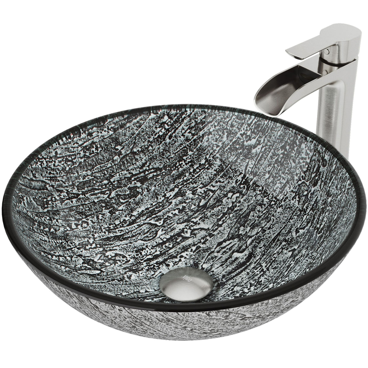 VIGO Titanium Glass Slate Grey Bathroom Sink/Basin Set with Niko Faucet and Round Vessel