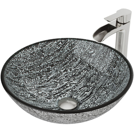 VIGO Titanium Glass Slate Grey Bathroom Sink/Basin Set with Niko Faucet and Round Vessel