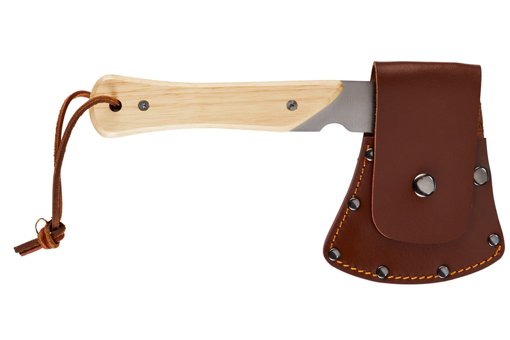 Woods Mini Pack Axe, Steel Single-Bit Hatchet Axe with Wooden Handle, Leather Sheath & Strap