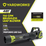 Yardworks 48V Lithium Ion Max Brushless AeroForce 2.0 750 CFM Leaf Blower Kit with (1) 4.0Ah Battery & (1) 2.0A Charger image 6